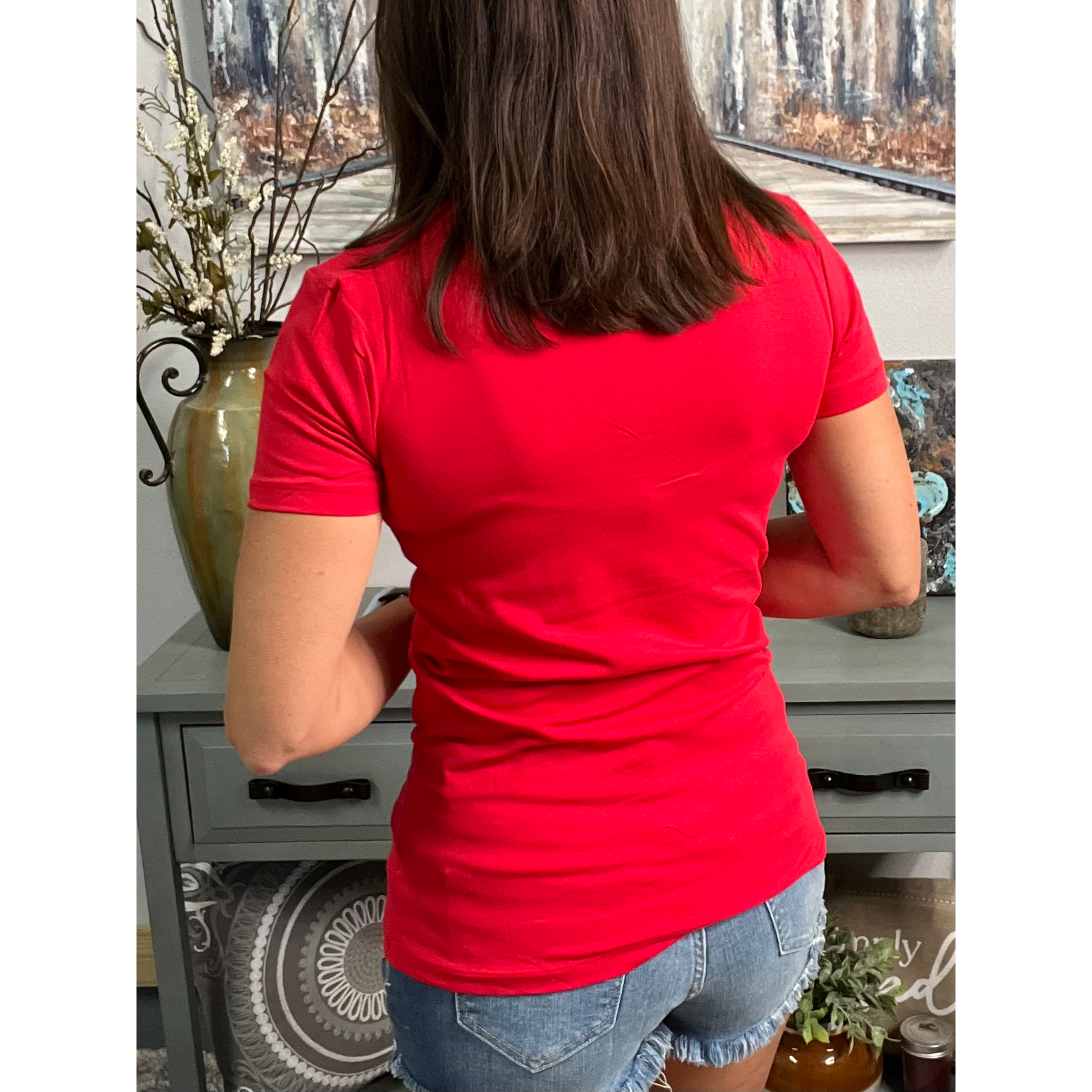 "Basic Babe" Low Cut V Neck Cleavage Baby Slimming Basic Tee Shirt Ruby Red