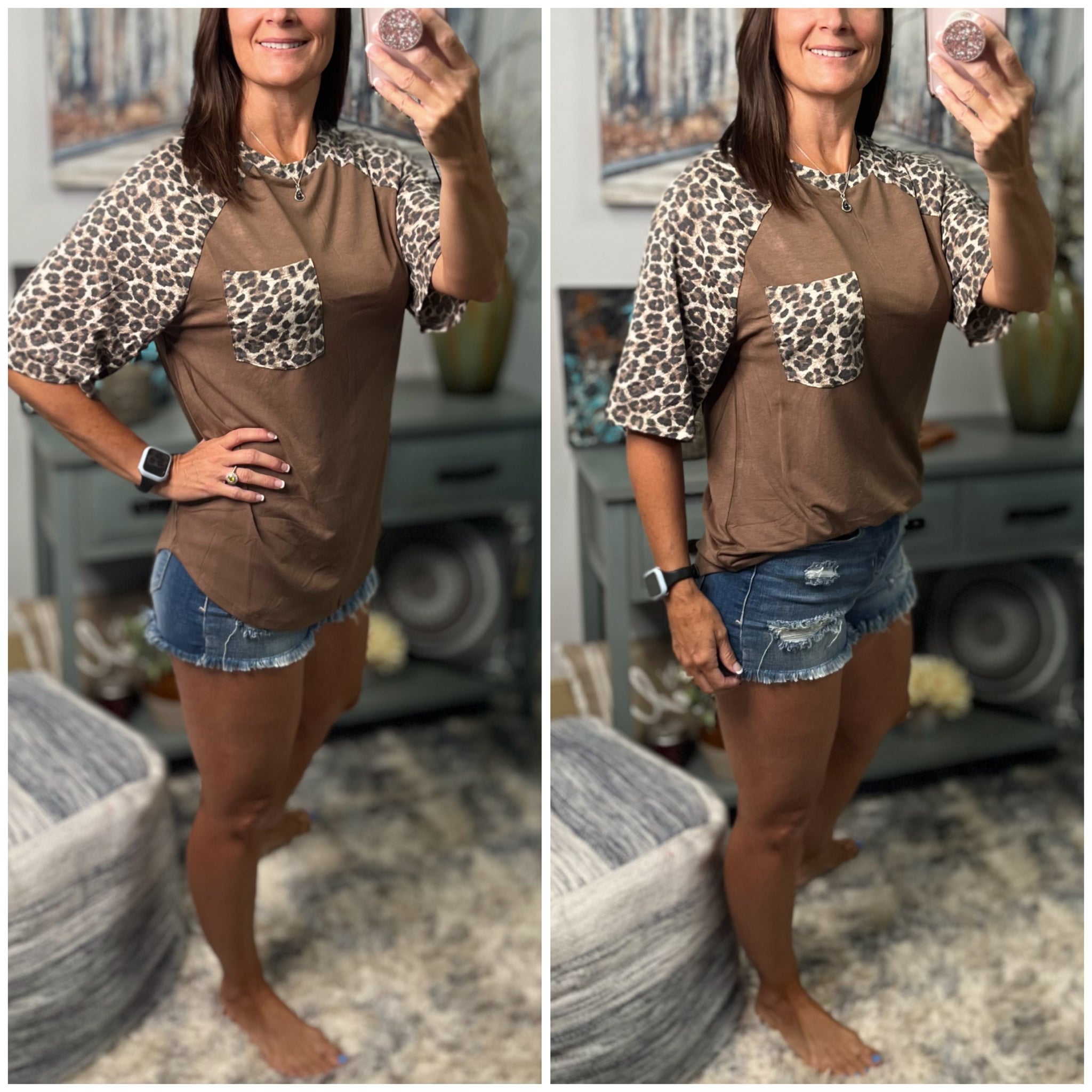 Leopard Contrast Short Raglan Sleeve Patch Pocket Round Neck Cocoa Tan