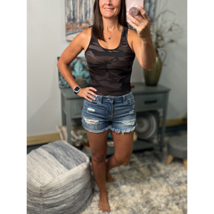 Camouflage Basic Sleeveless Racerback Scoop Neck Bodysuit Tank Top Dark Gray