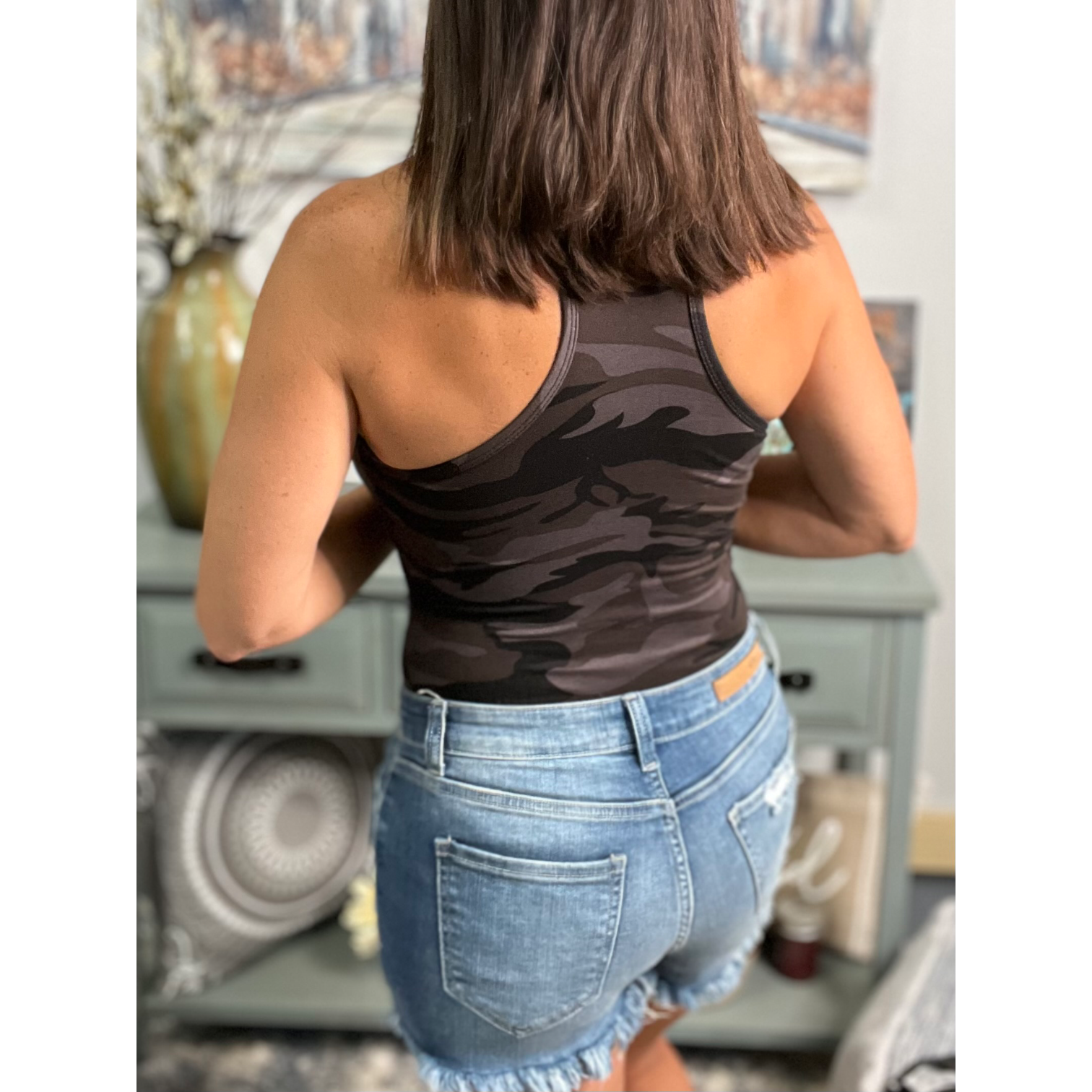 Camouflage Basic Sleeveless Racerback Scoop Neck Bodysuit Tank Top Dark Gray