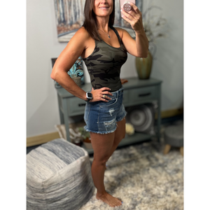 Camouflage Basic Sleeveless Racerback Scoop Neck Bodysuit Tank Top Dark Green