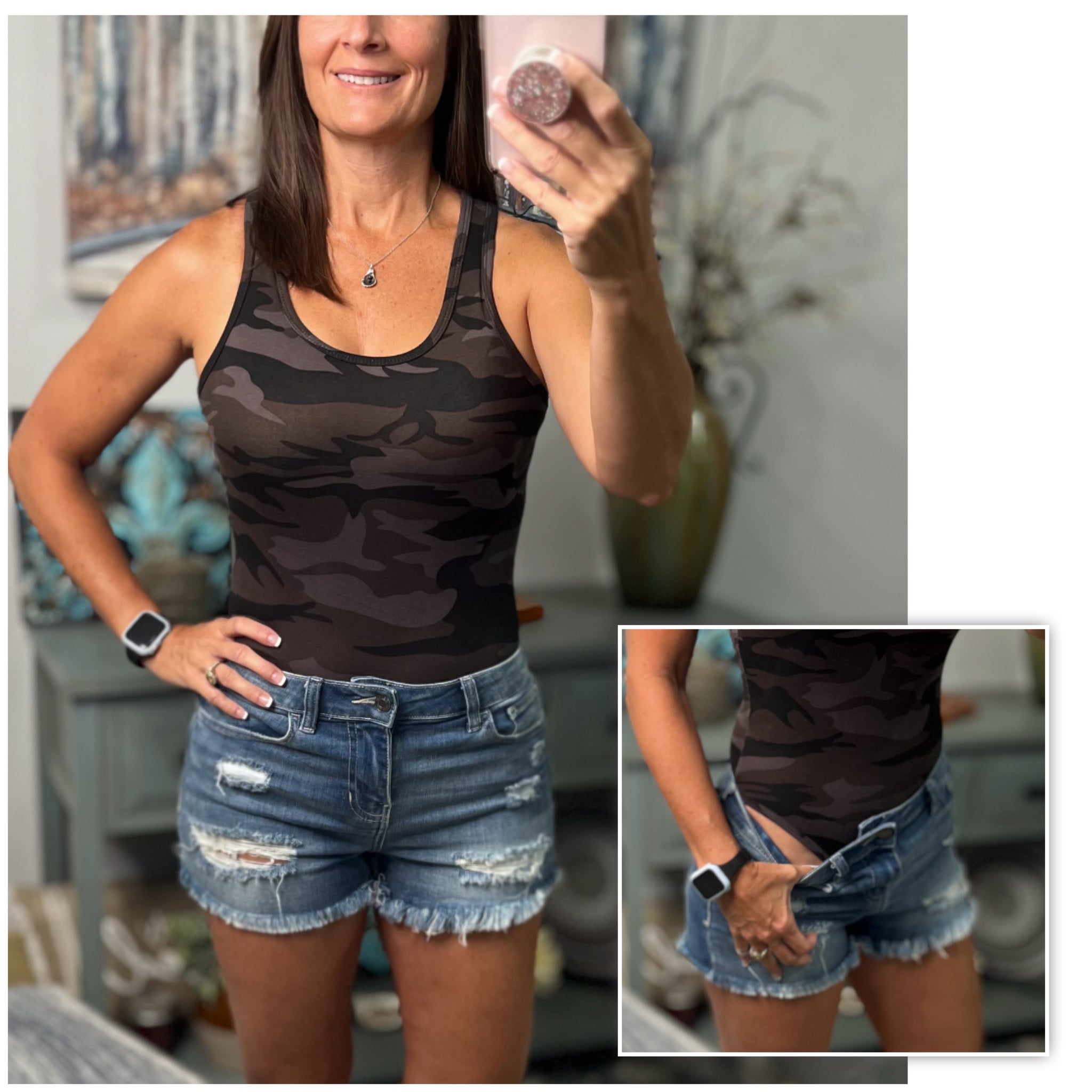 Camouflage Basic Sleeveless Racerback Scoop Neck Bodysuit Tank Top Dark Gray