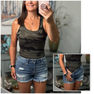 Camouflage Basic Sleeveless Racerback Scoop Neck Bodysuit Tank Top Dark Green