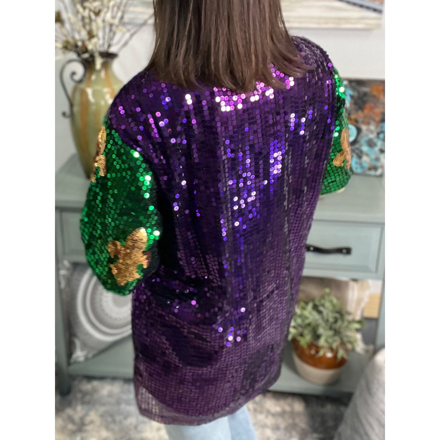 “The Krewe” Mardi Gras Sequined Fleur de Lis Short Sleeve Parade Festival Purple Green Gold