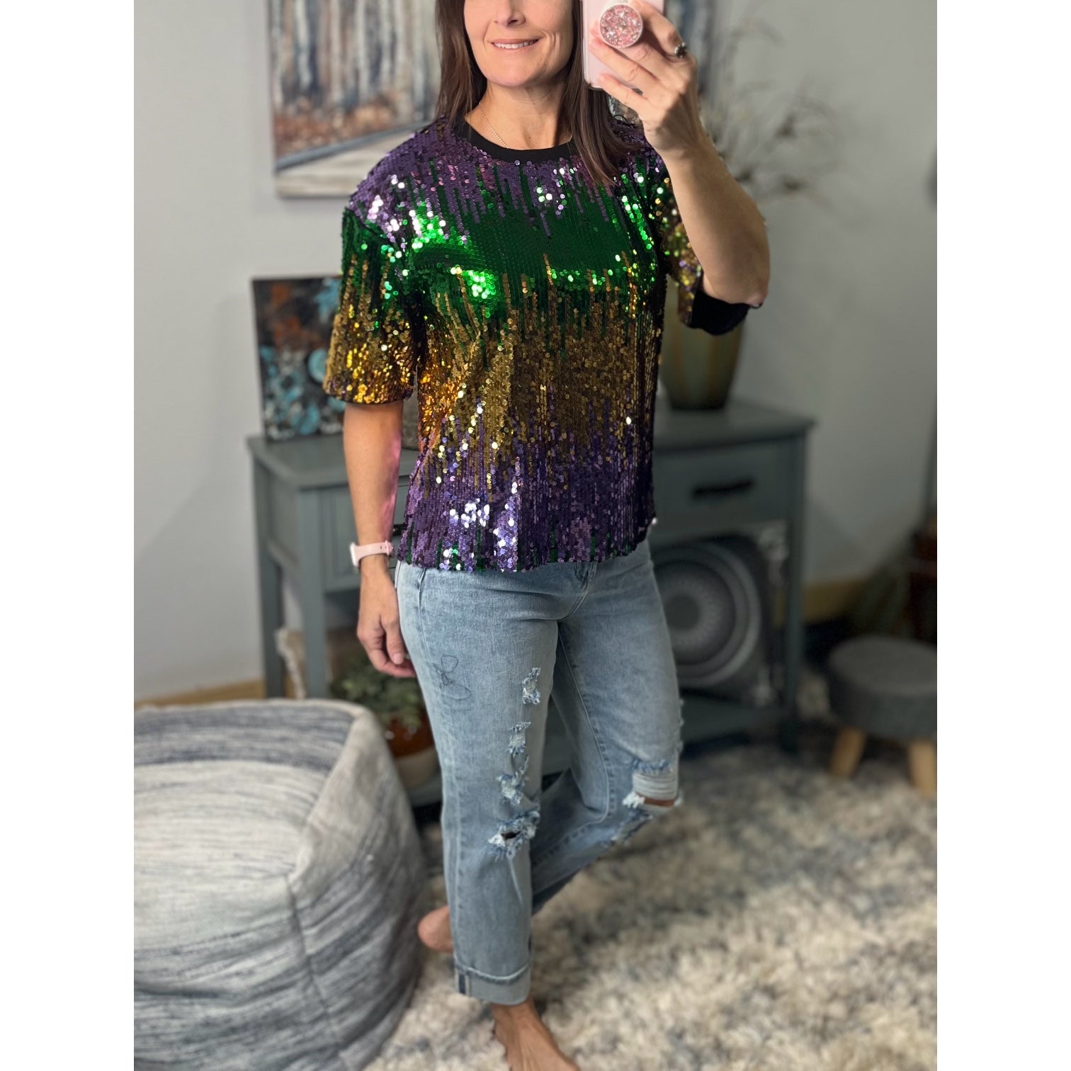 “Toulouse Top” Mardi Gras Sequined Ombre Short Sleeves Cropped Parade Purple Green Gold