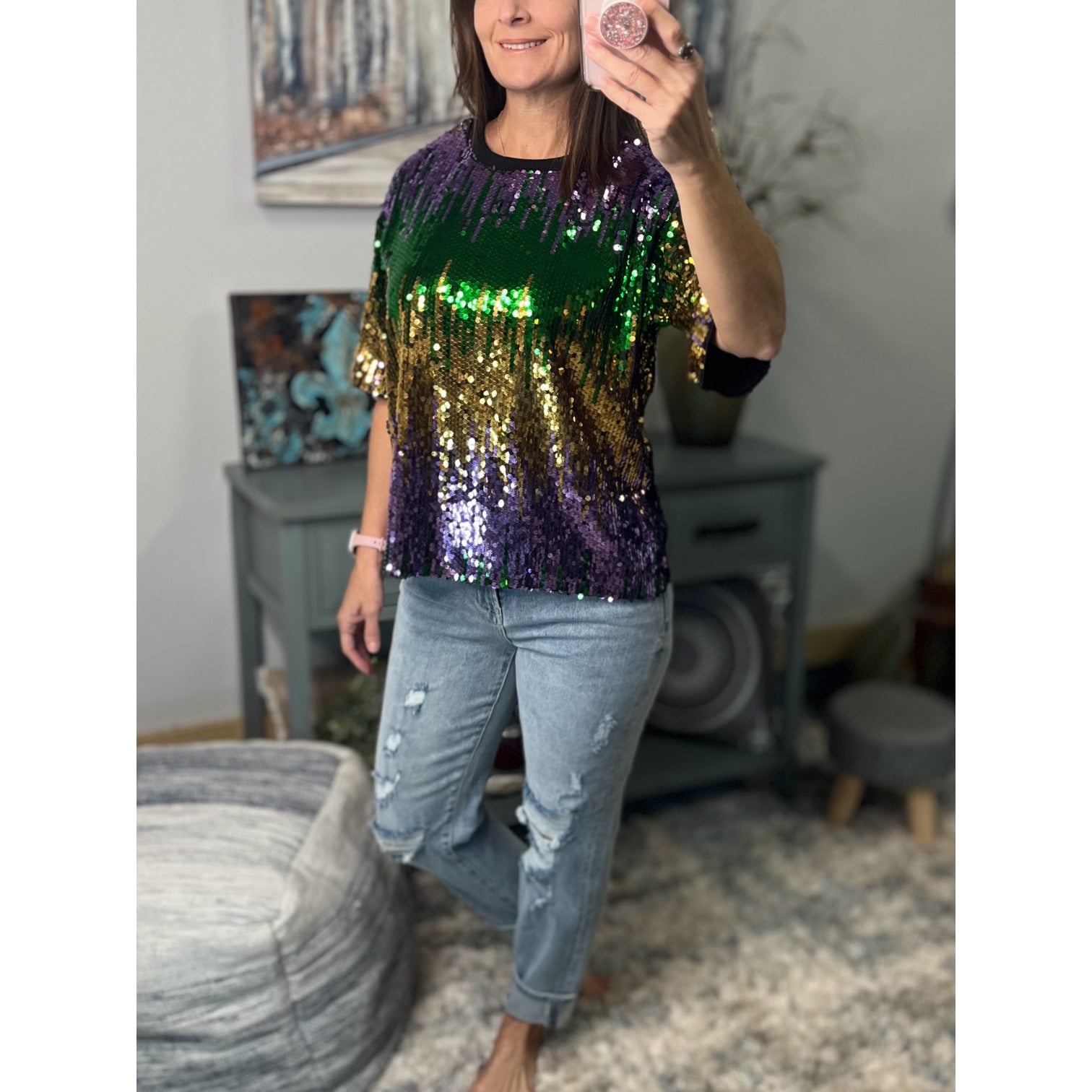 “Toulouse Top” Mardi Gras Sequined Ombre Short Sleeves Cropped Parade Purple Green Gold