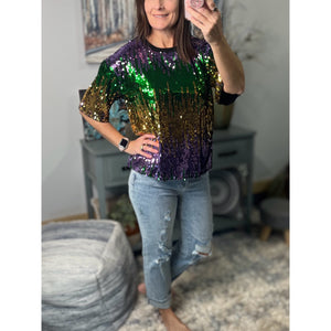 “Toulouse Top” Mardi Gras Sequined Ombre Short Sleeves Cropped Parade Purple Green Gold