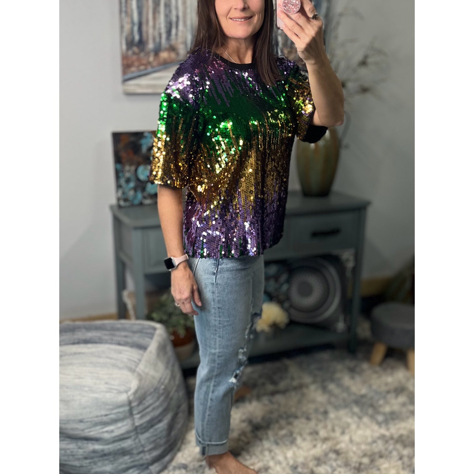 “Toulouse Top” Mardi Gras Sequined Ombre Short Sleeves Cropped Parade Purple Green Gold