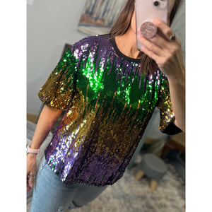 “Toulouse Top” Mardi Gras Sequined Ombre Short Sleeves Cropped Parade Purple Green Gold