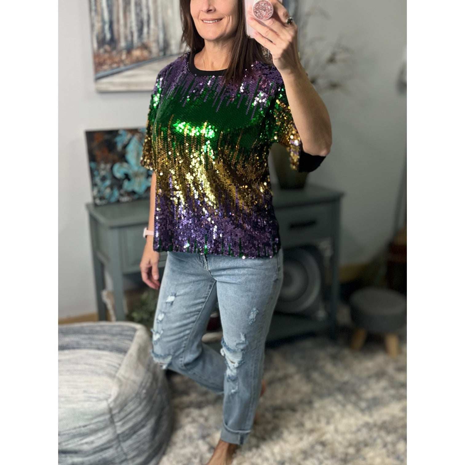 “Toulouse Top” Mardi Gras Sequined Ombre Short Sleeves Cropped Parade Purple Green Gold