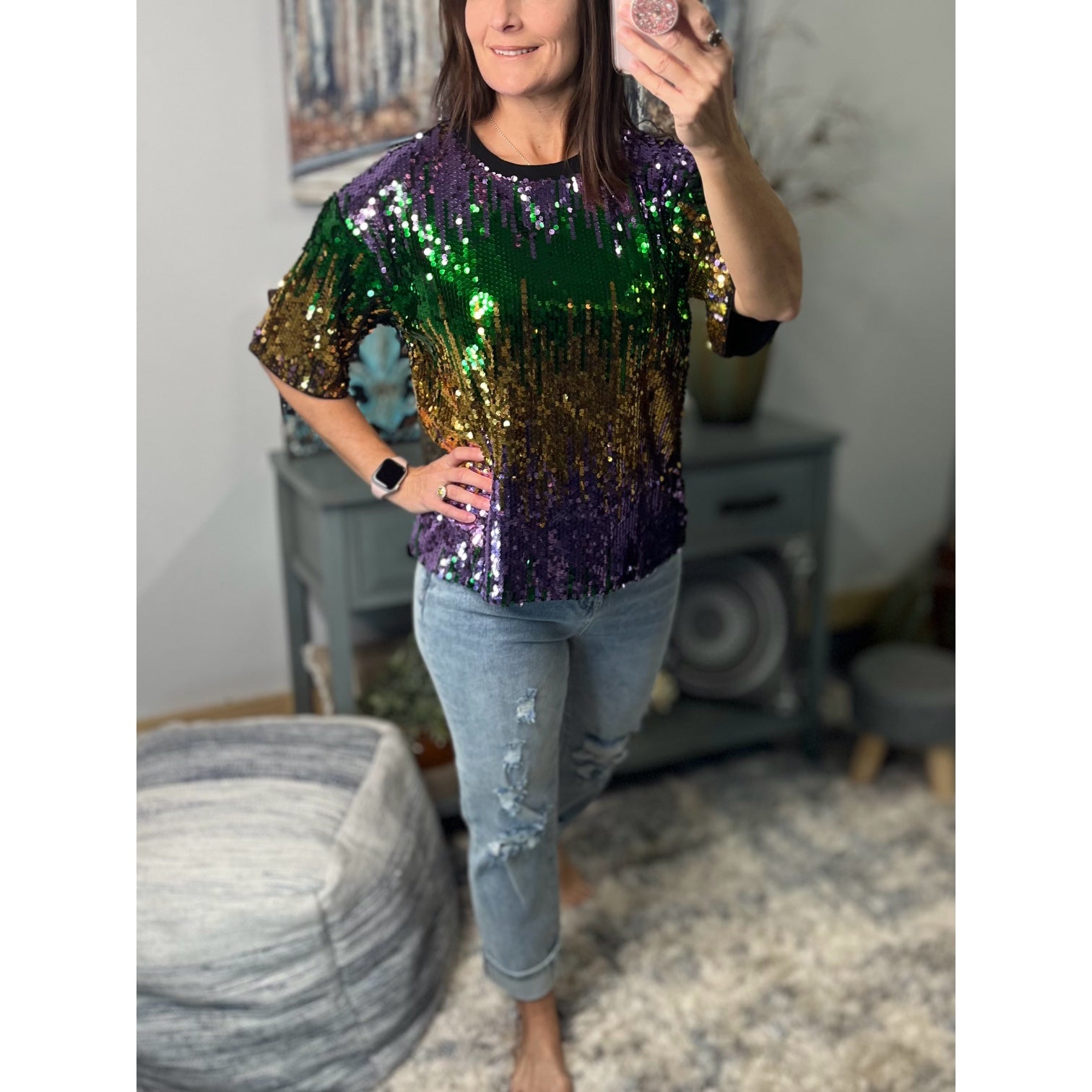 “Toulouse Top” Mardi Gras Sequined Ombre Short Sleeves Cropped Parade Purple Green Gold