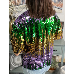 “Toulouse Top” Mardi Gras Sequined Ombre Short Sleeves Cropped Parade Purple Green Gold