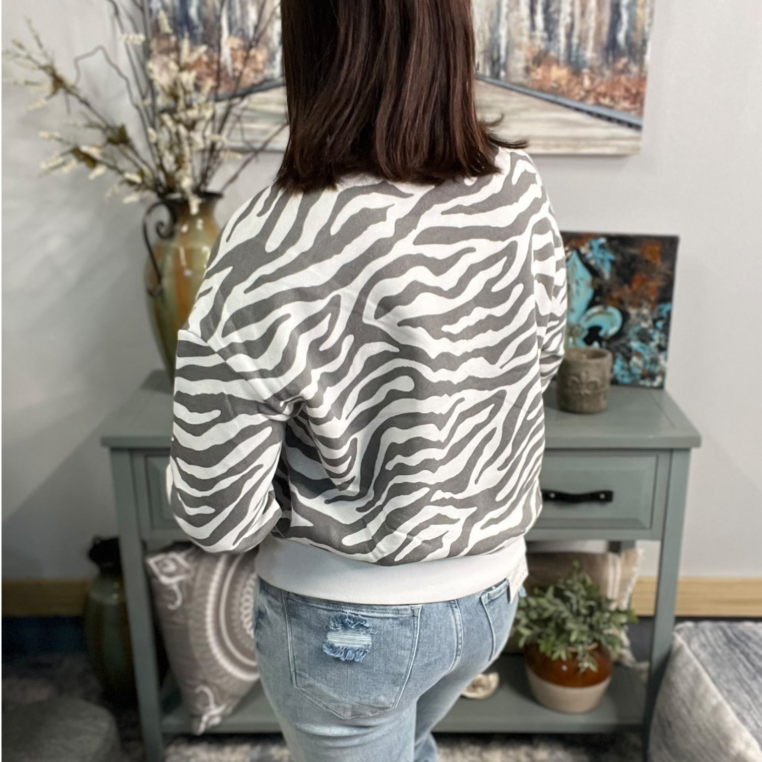 Zebra Sweatshirt White Gray Round Neck Banded Bottom Long Sleeve Animal Pullover