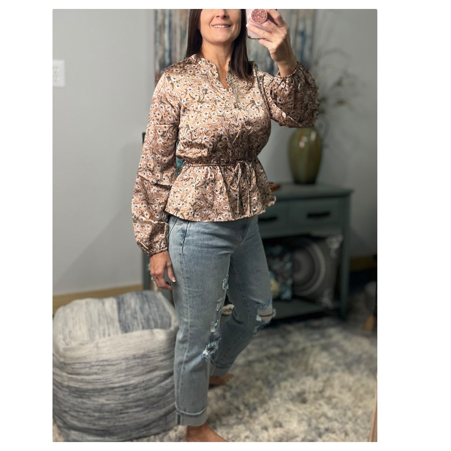 Ditsy Floral V Neck Long Balloon Sleeve Elastic Waist Top Festival Silky Pink
