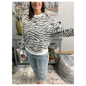 Zebra Sweatshirt White Gray Round Neck Banded Bottom Long Sleeve Animal Pullover