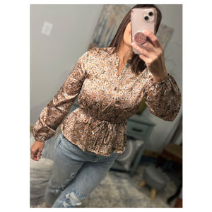 Ditsy Floral V Neck Long Balloon Sleeve Elastic Waist Top Festival Silky Pink