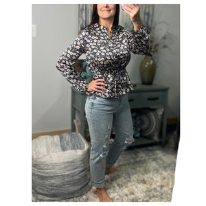 Ditsy Floral V Neck Long Balloon Sleeve Elastic Waist Top Festival Silky Blue