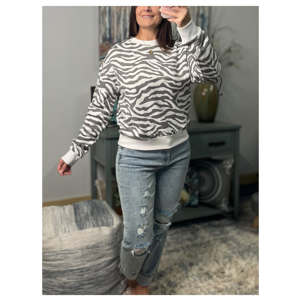 Zebra Sweatshirt White Gray Round Neck Banded Bottom Long Sleeve Animal Pullover
