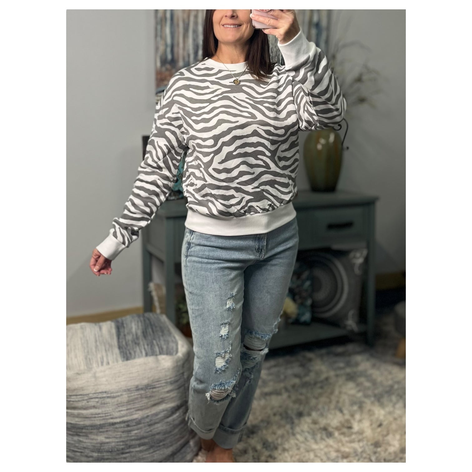 Zebra Sweatshirt White Gray Round Neck Banded Bottom Long Sleeve Animal Pullover
