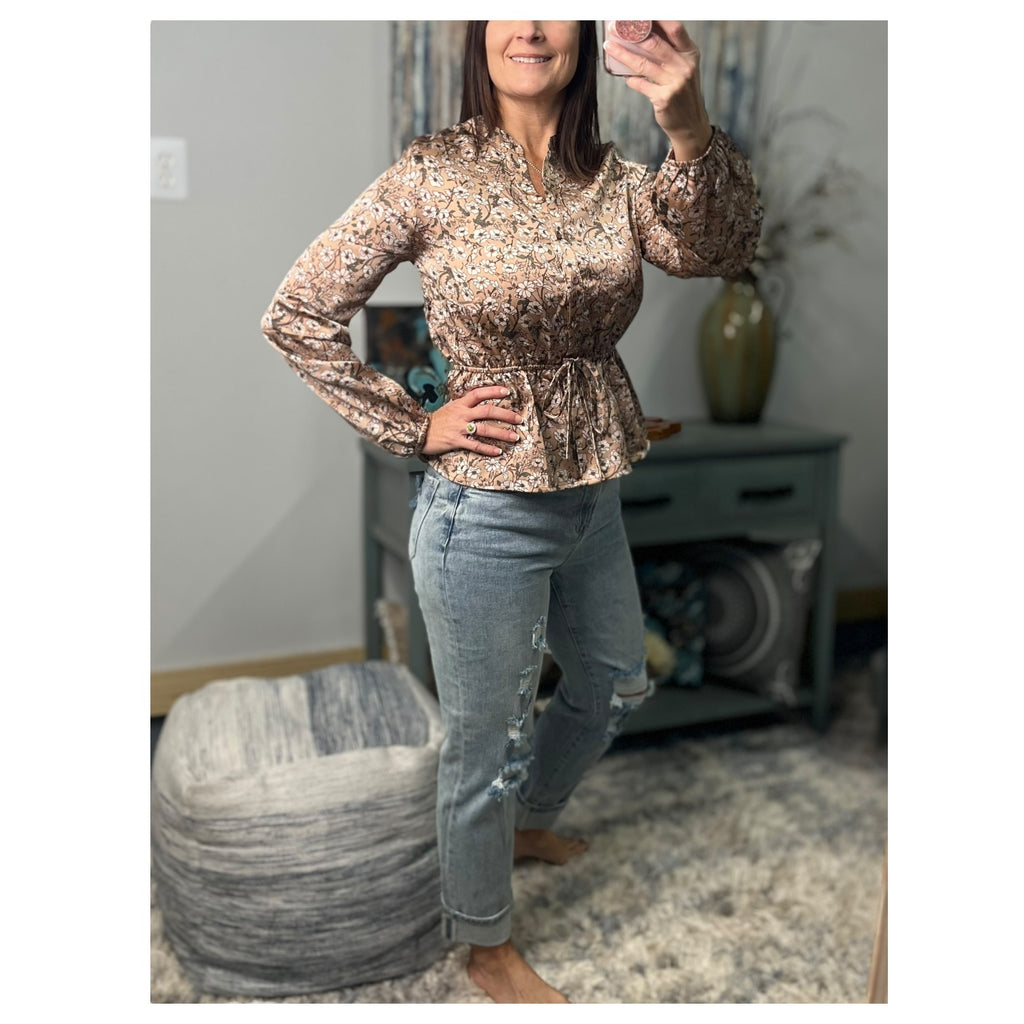 Ditsy Floral V Neck Long Balloon Sleeve Elastic Waist Top Festival Silky Pink