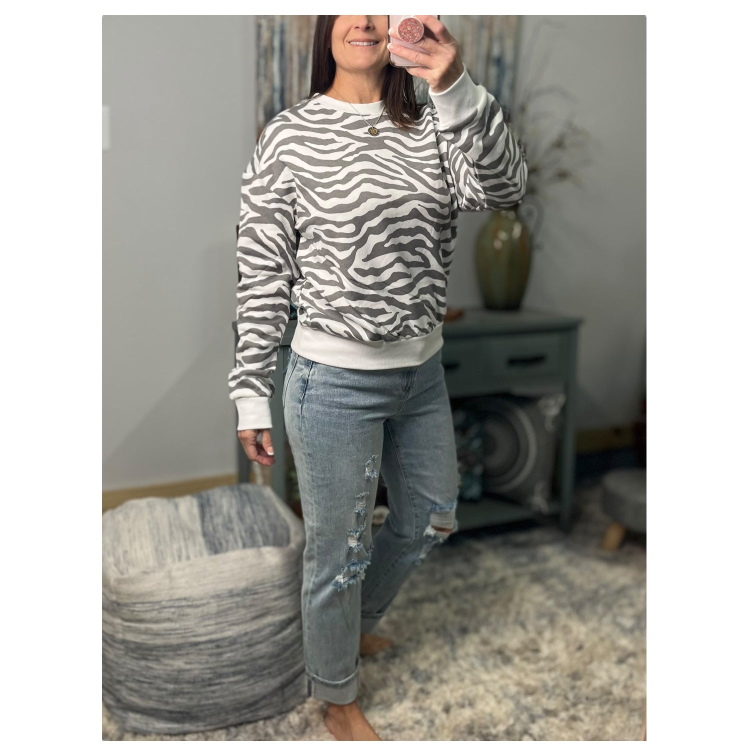 Zebra Sweatshirt White Gray Round Neck Banded Bottom Long Sleeve Animal Pullover