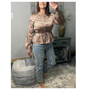 Ditsy Floral V Neck Long Balloon Sleeve Elastic Waist Top Festival Silky Pink