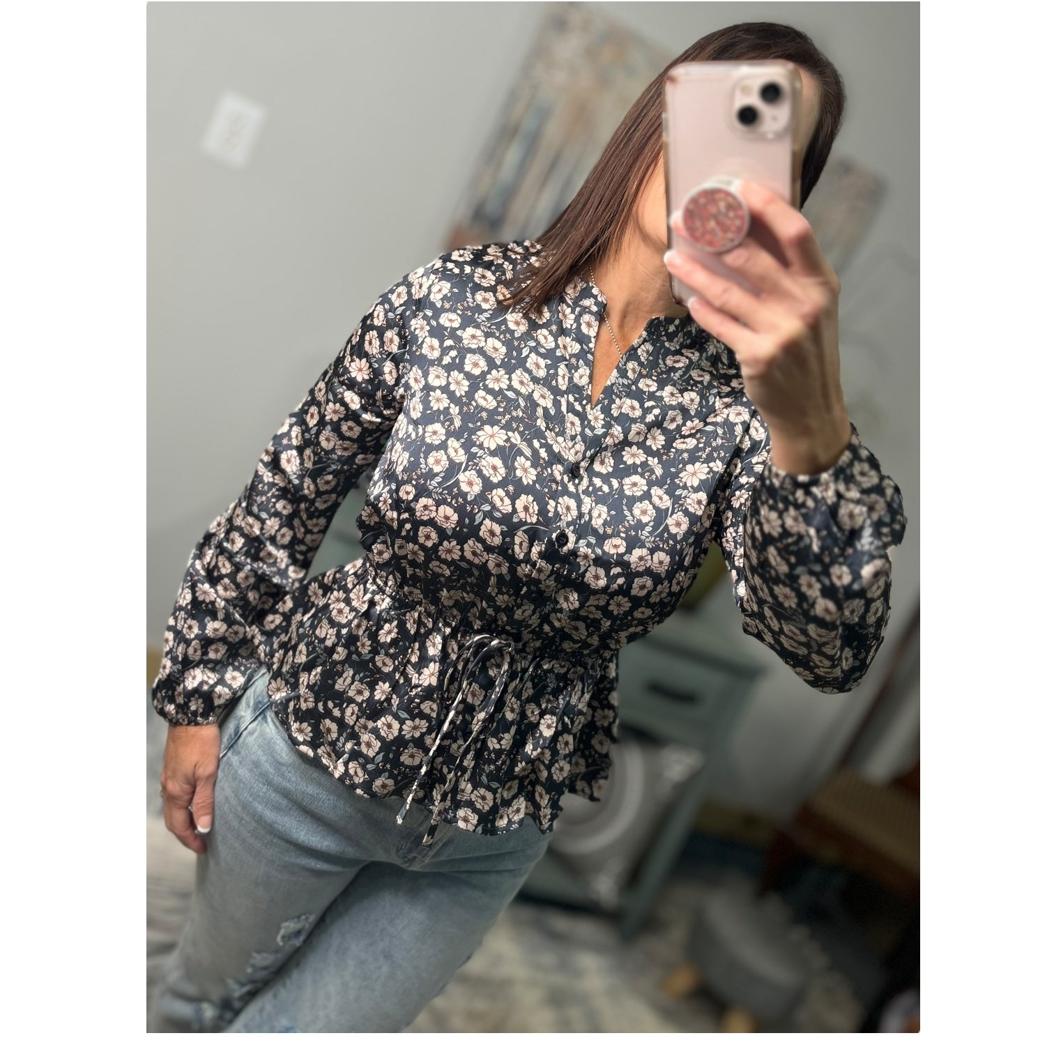 Ditsy Floral V Neck Long Balloon Sleeve Elastic Waist Top Festival Silky Blue