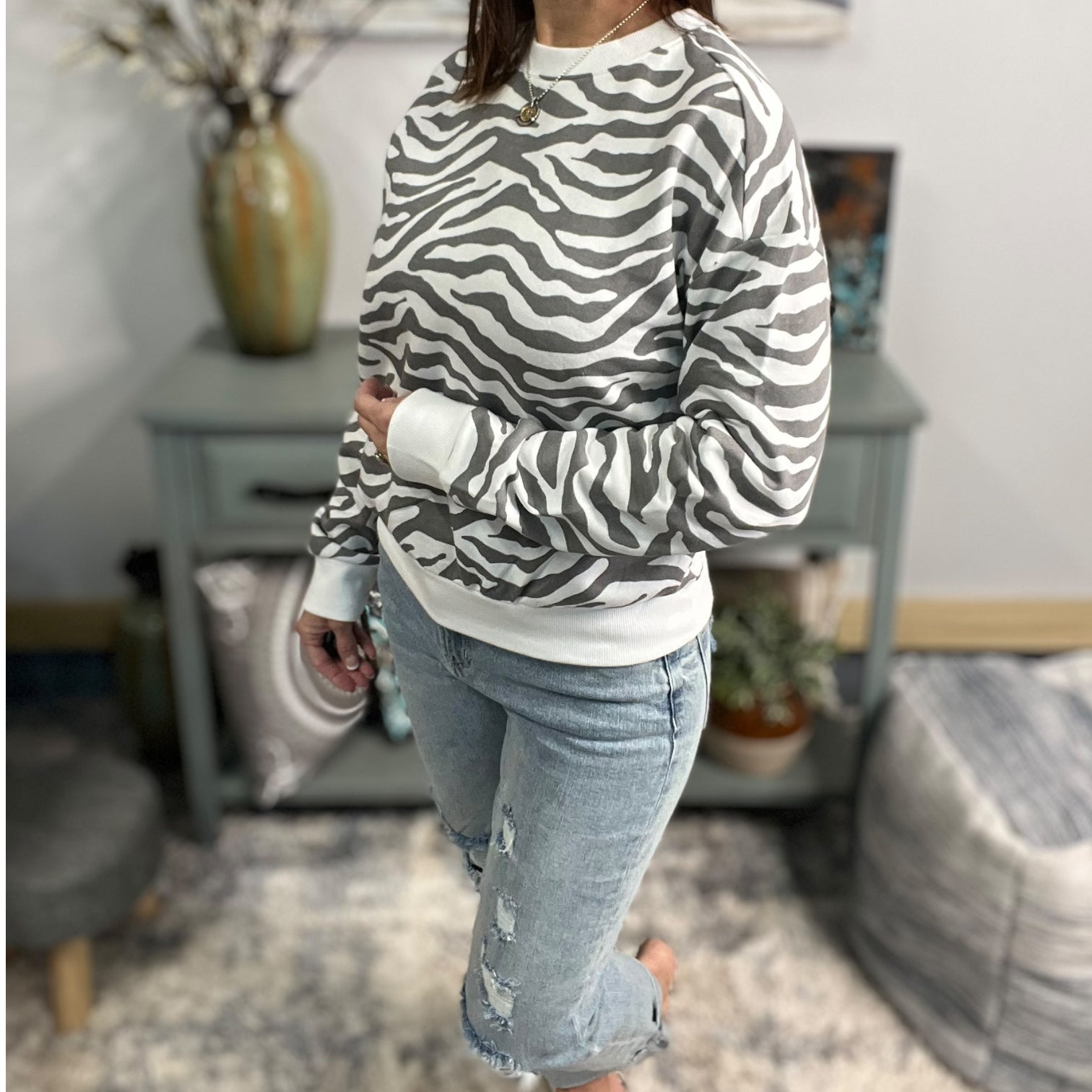Zebra Sweatshirt White Gray Round Neck Banded Bottom Long Sleeve Animal Pullover