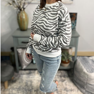 Zebra Sweatshirt White Gray Round Neck Banded Bottom Long Sleeve Animal Pullover