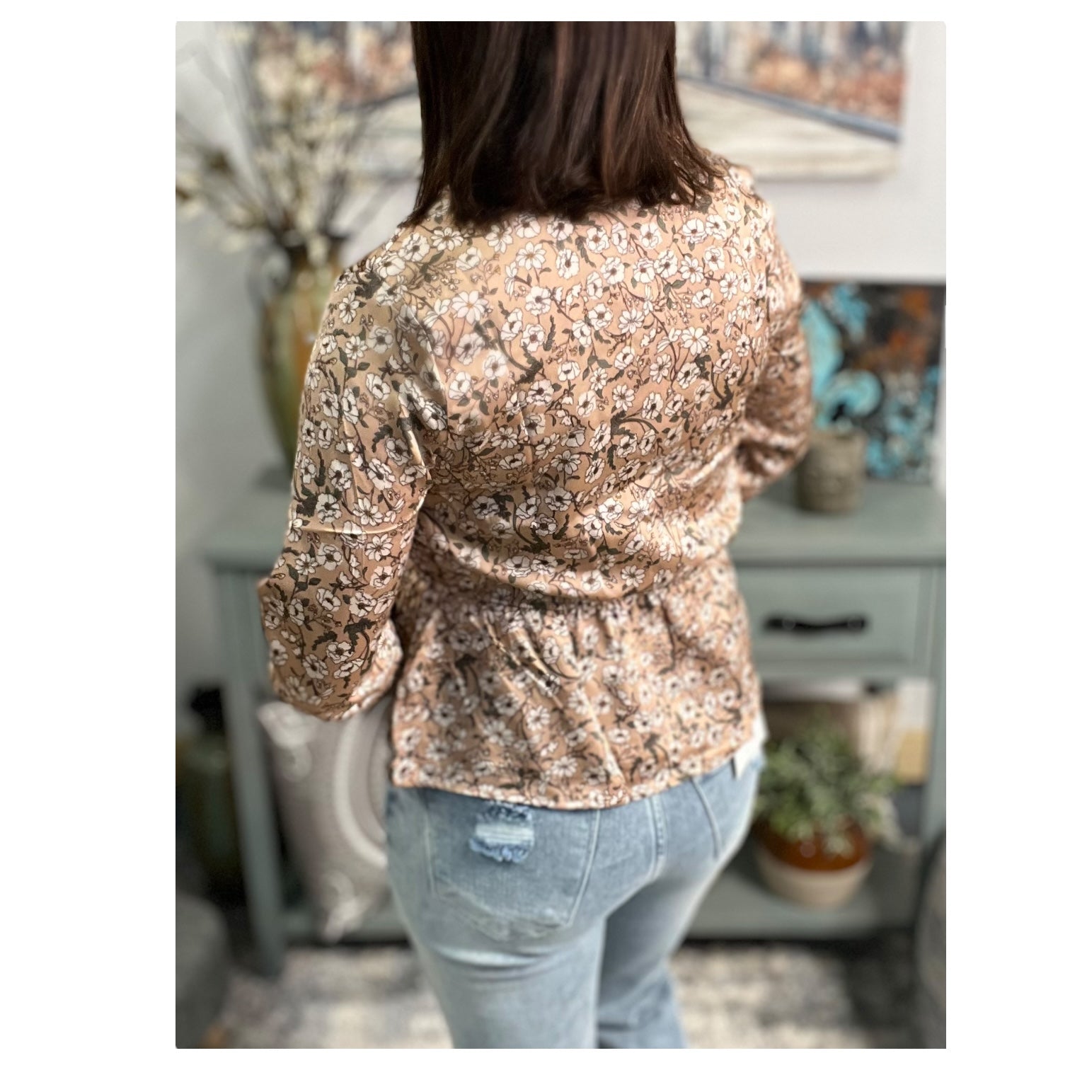 Ditsy Floral V Neck Long Balloon Sleeve Elastic Waist Top Festival Silky Pink