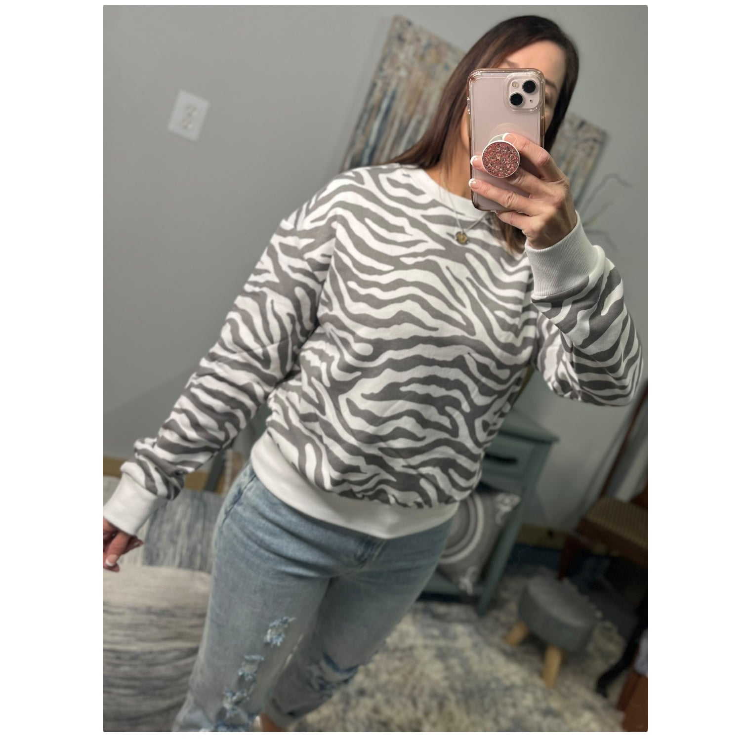 Zebra Sweatshirt White Gray Round Neck Banded Bottom Long Sleeve Animal Pullover
