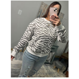 Zebra Sweatshirt White Gray Round Neck Banded Bottom Long Sleeve Animal Pullover