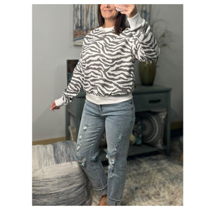 Zebra Sweatshirt White Gray Round Neck Banded Bottom Long Sleeve Animal Pullover