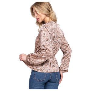 Ditsy Floral V Neck Long Balloon Sleeve Elastic Waist Top Festival Silky Pink