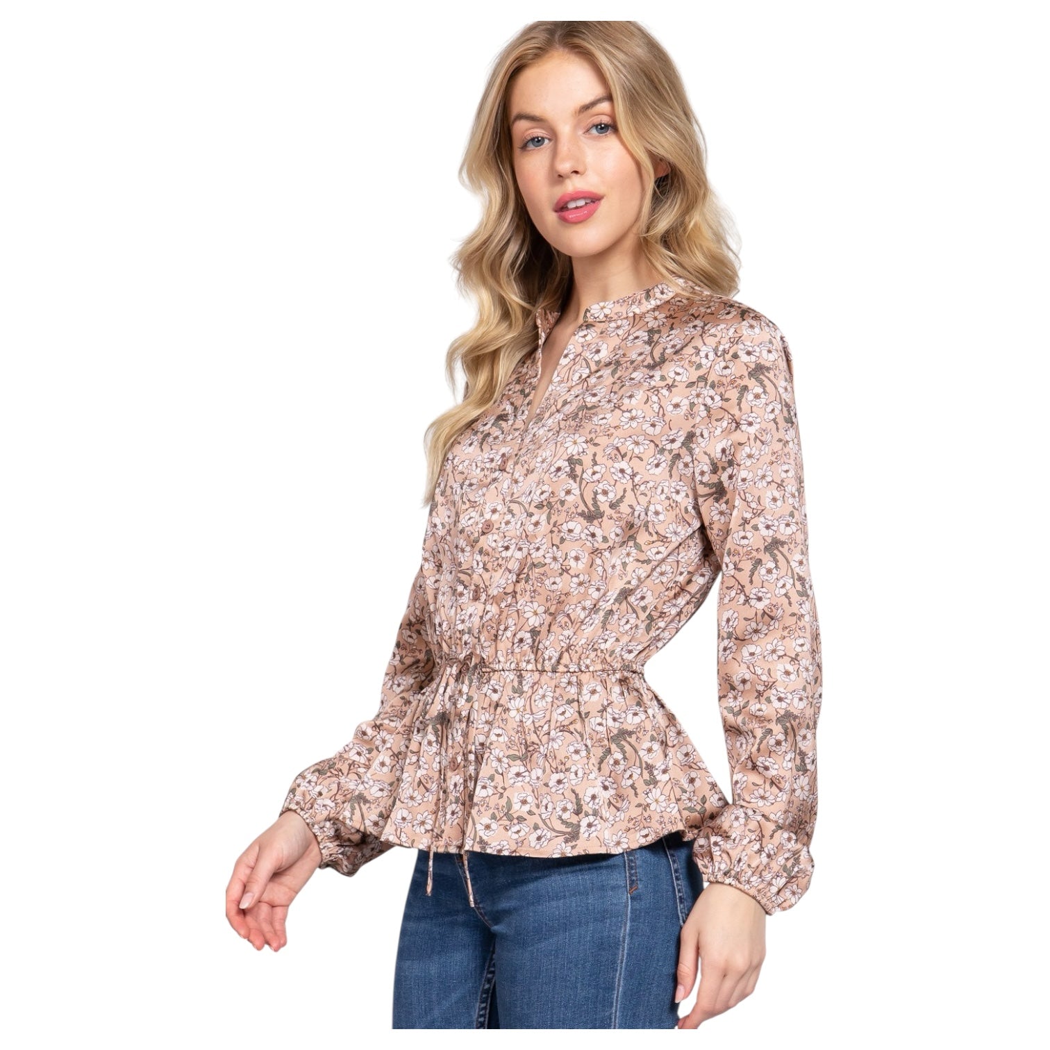 Ditsy Floral V Neck Long Balloon Sleeve Elastic Waist Top Festival Silky Pink