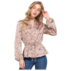 Ditsy Floral V Neck Long Balloon Sleeve Elastic Waist Top Festival Silky Pink