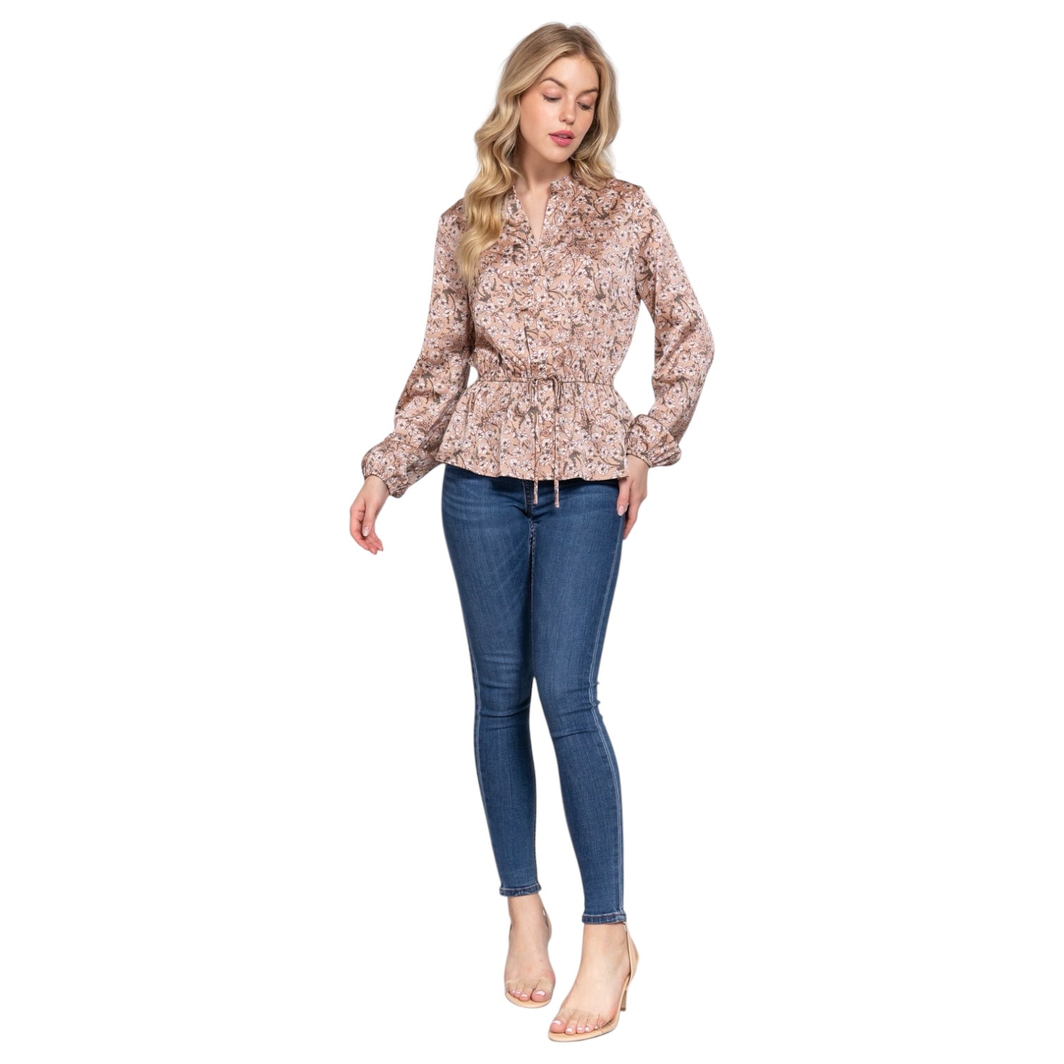 Ditsy Floral V Neck Long Balloon Sleeve Elastic Waist Top Festival Silky Pink