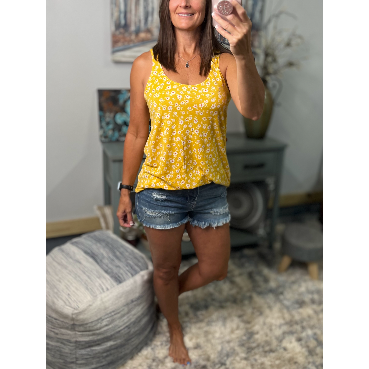 "Ditsy Daisy" Sexy Ditsy Floral Floaty Scoop Neck Summer Sleeveless Tank Top Yellow