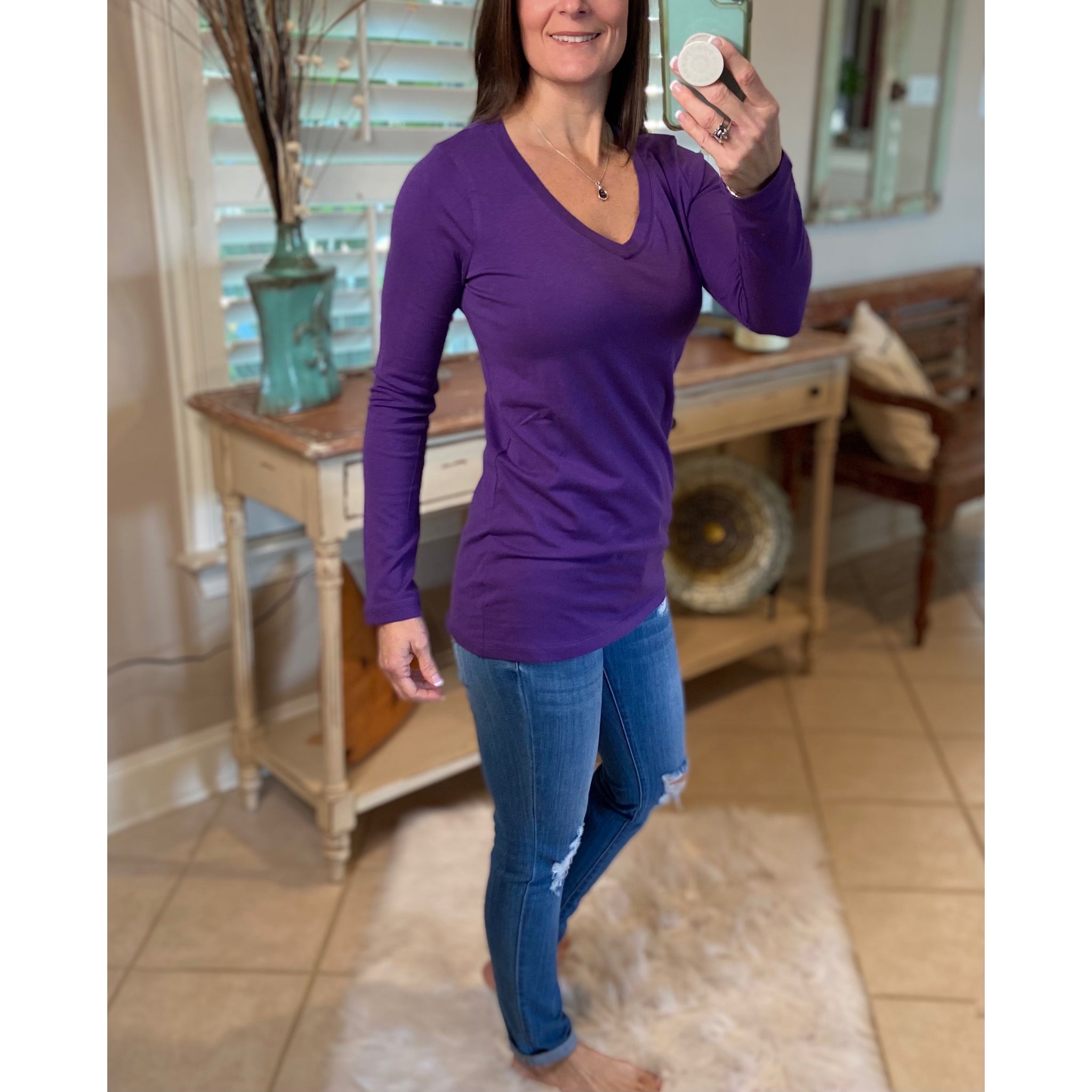 “Easygoing” Slimming V Neck Low Cut Long Sleeve Tissue Basic Baby Shirt Top Purple PLUS