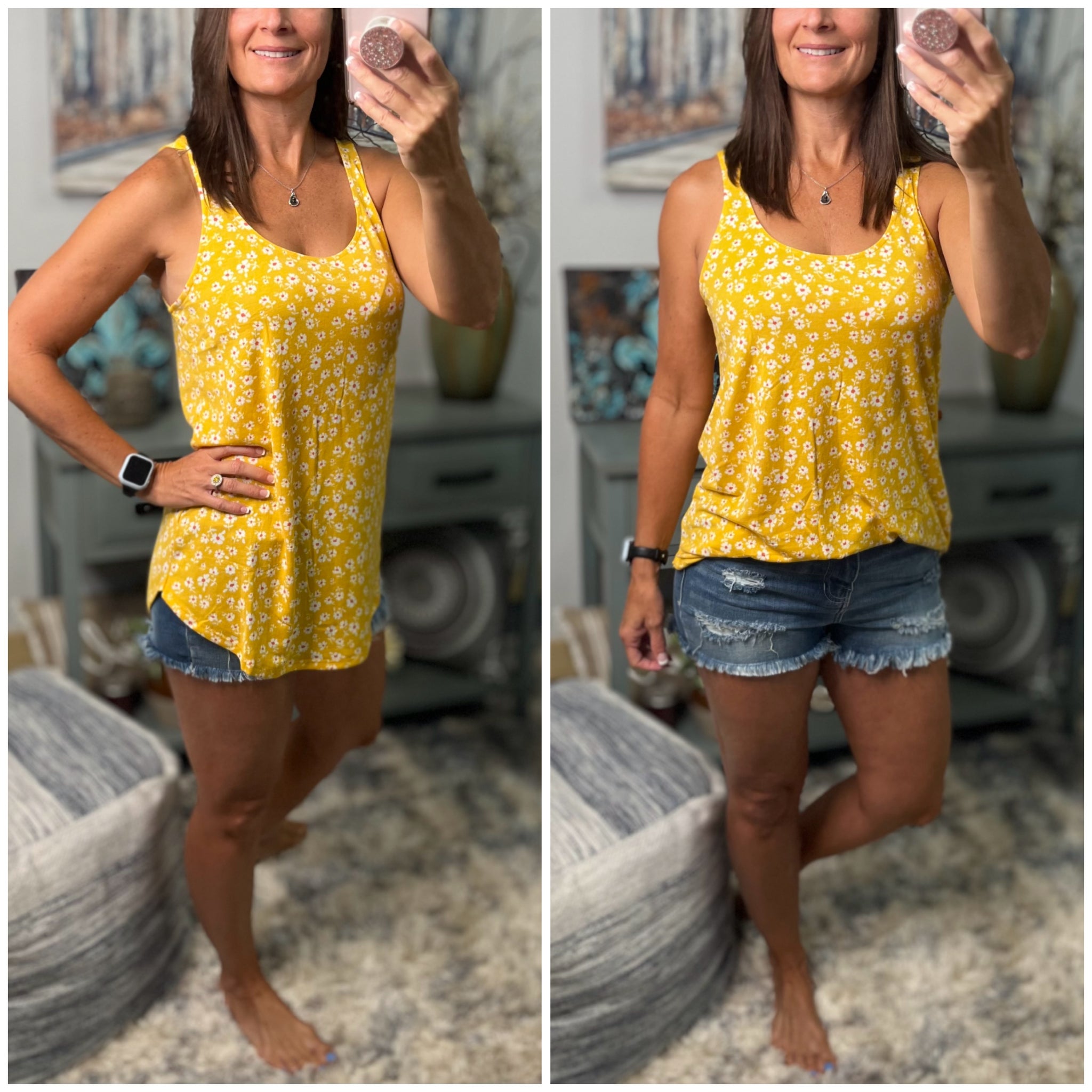 "Ditsy Daisy" Sexy Ditsy Floral Floaty Scoop Neck Summer Sleeveless Tank Top Yellow