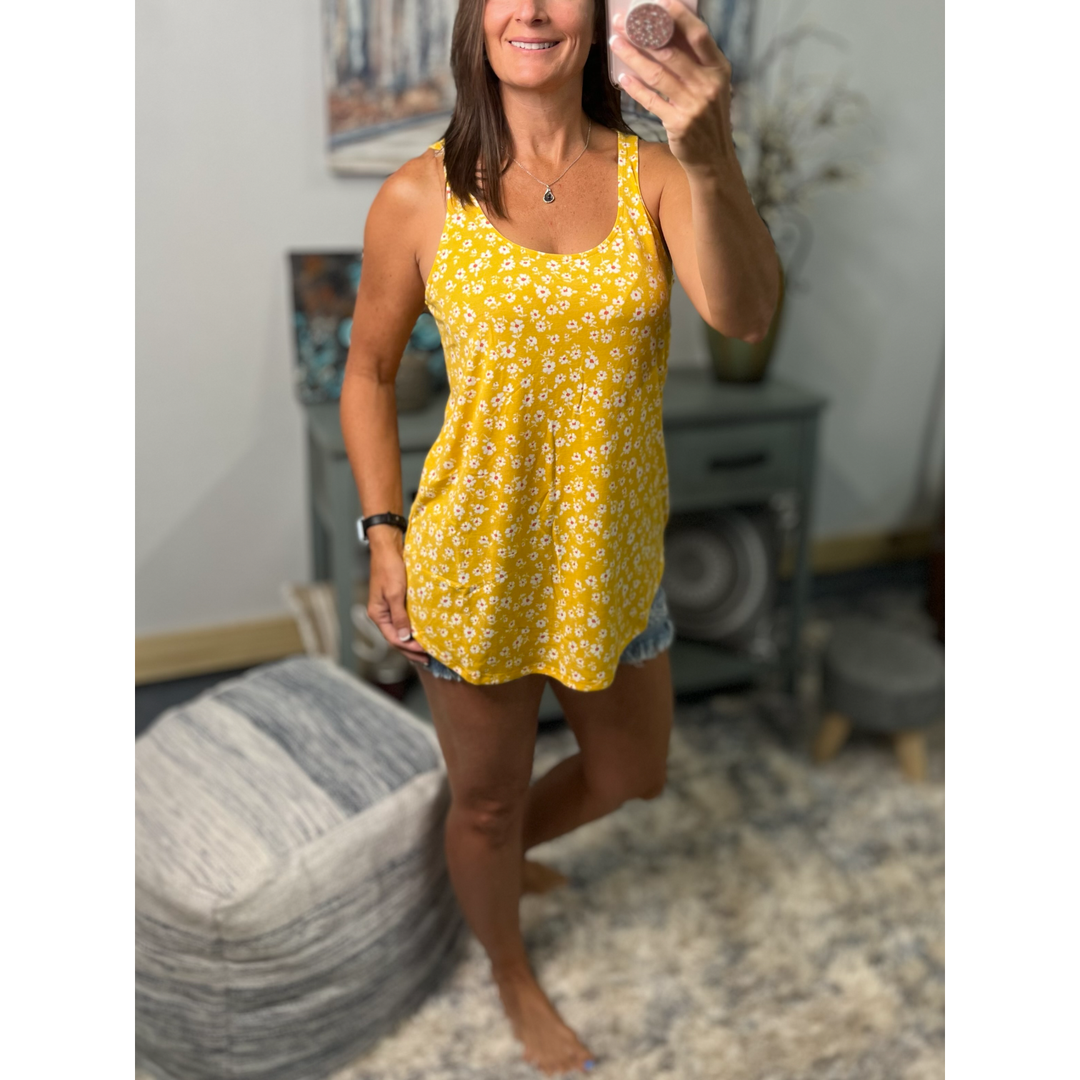 "Ditsy Daisy" Sexy Ditsy Floral Floaty Scoop Neck Summer Sleeveless Tank Top Yellow