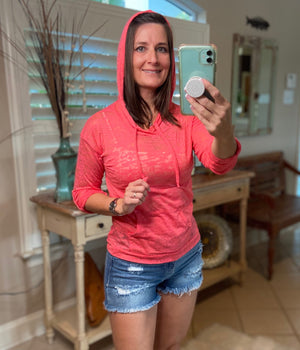 Sexy Sheer Burnout Drawstring Hoodie Tissue High Neck Long Sleeve Top Pink
