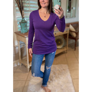 “Easygoing” Slimming V Neck Low Cut Long Sleeve Tissue Basic Baby Shirt Top Purple PLUS