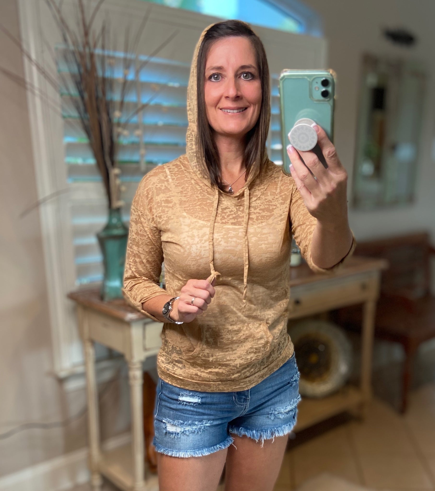 Sexy Sheer Burnout Drawstring Hoodie Tissue High Neck Long Sleeve Top Camel