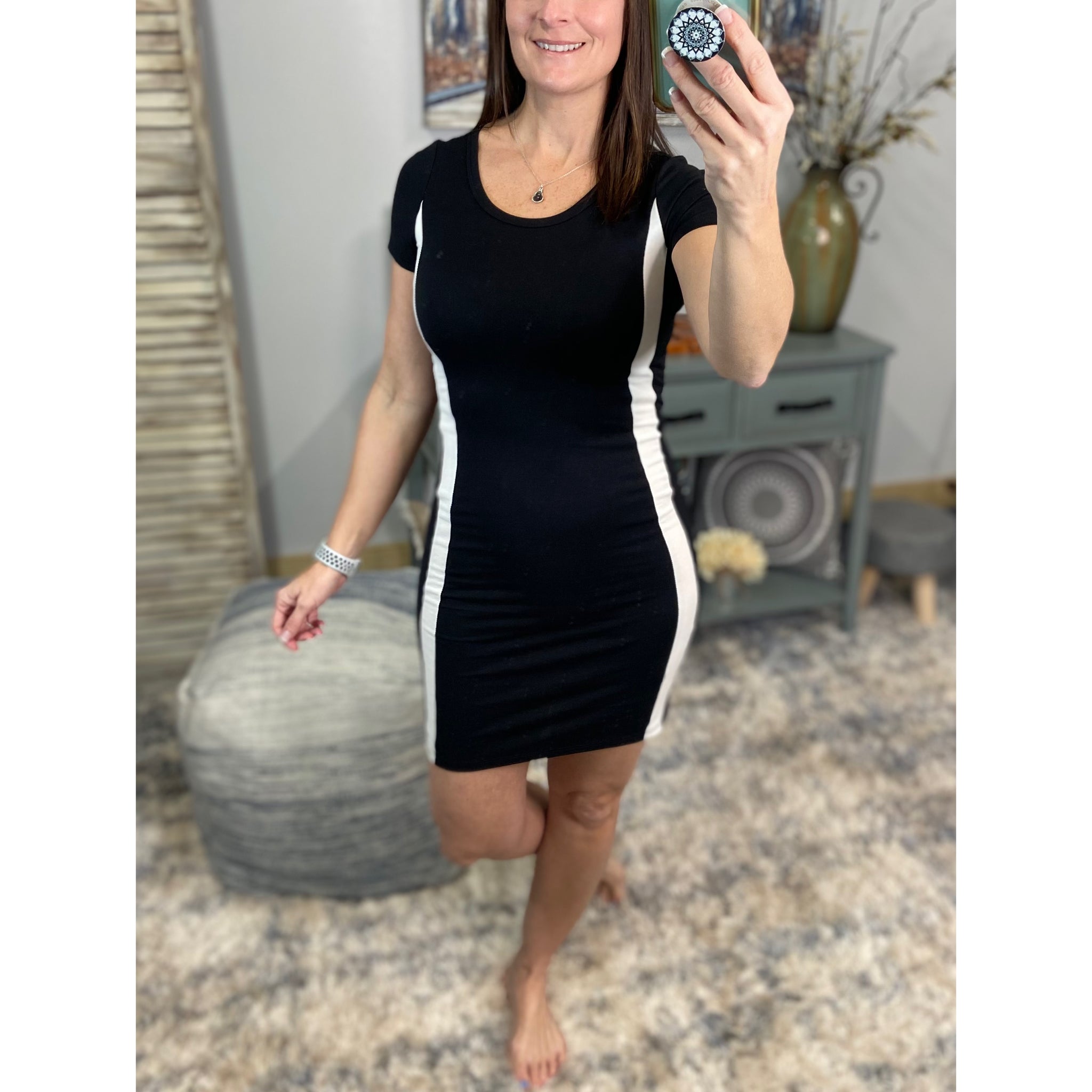 Sporty Bodycon Scoop Neck Short Sleeve Contrast Stripe Stretch Dress Black