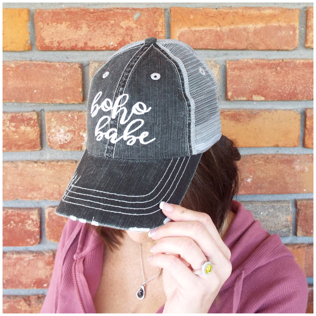 “Boho Babe” Distressed Embroidered Trucker Hat Mesh Back Adjustable Dark Gray OS