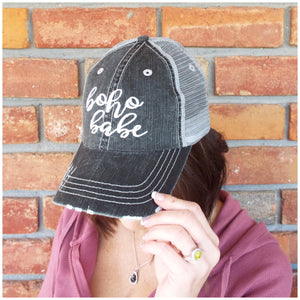 “Boho Babe” Distressed Embroidered Trucker Hat Mesh Back Adjustable Dark Gray OS