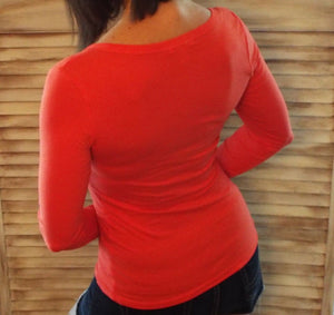 Low Cut V Neck Stretch Fitted Cleavage Button Henley Pocket Top Coral S/M/L