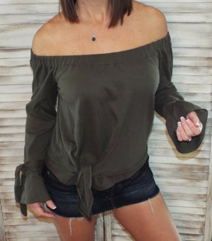 Very Sexy Off Shoulder Tie Front French Terry Blouse Shirt Top Dark Olive