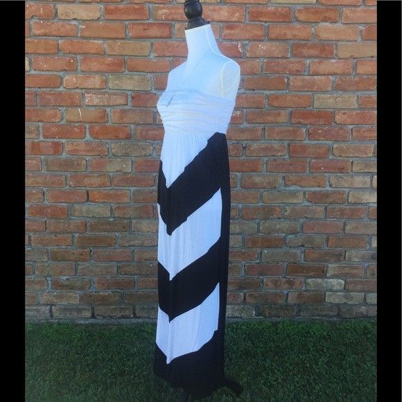 Strapless Chevron Maxi Dress Long Pockets Colorblock Tube Sundress Summer Black White